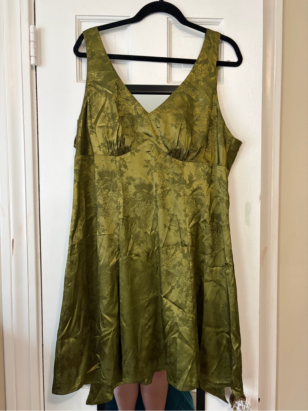 Olive Green Floral Satin V-Neck Dress